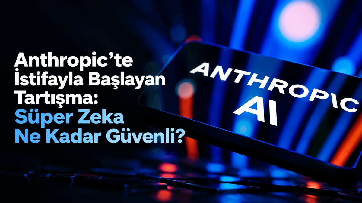 Telefon ekranında Anthropic AI yazısı; yanında Anthropic’te istifayla başlayan süper zeka güvenliği tartışması başlığı