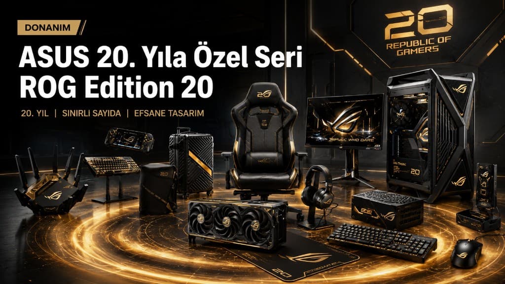 ASUS ROG Edition 20 koleksiyonu: siyah ve altın renkli oyun donanımı ekosistemi