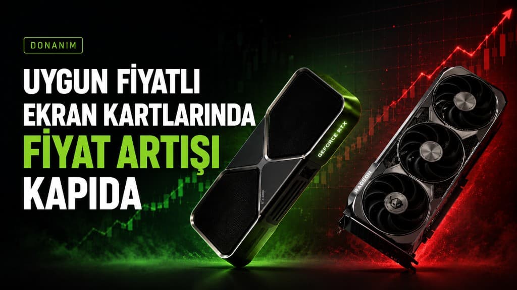 NVIDIA ve AMD ekran kartlarının yer aldığı mağaza rafında yükselen GPU fiyatlarını temsil eden görüntü