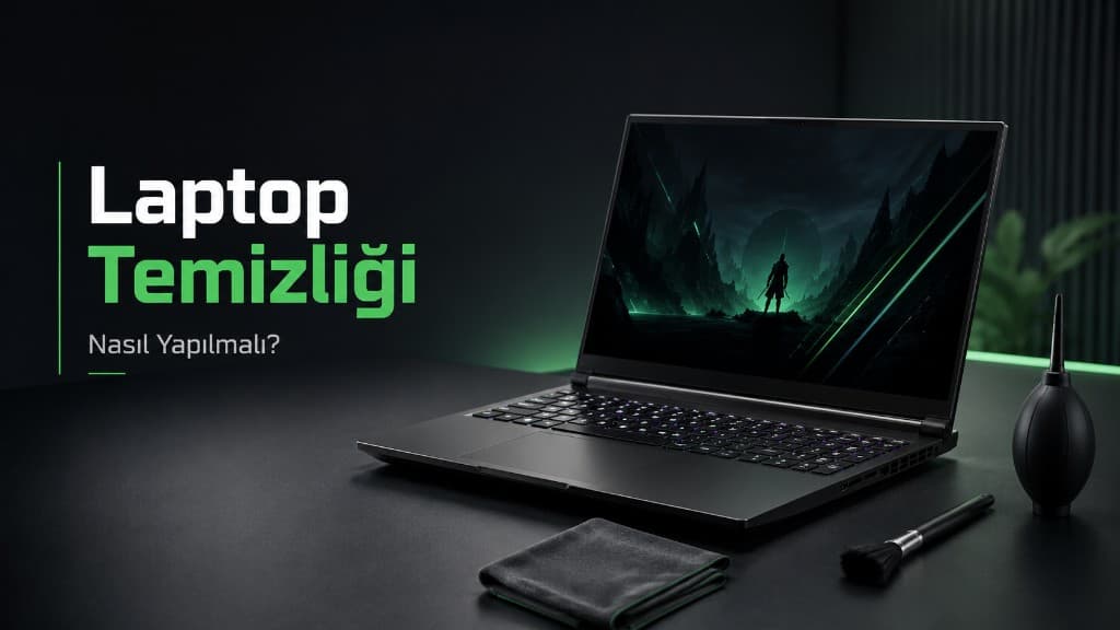 Mikrofiber bez ve temizlik araçlarıyla bakım yapılan dizüstü bilgisayar