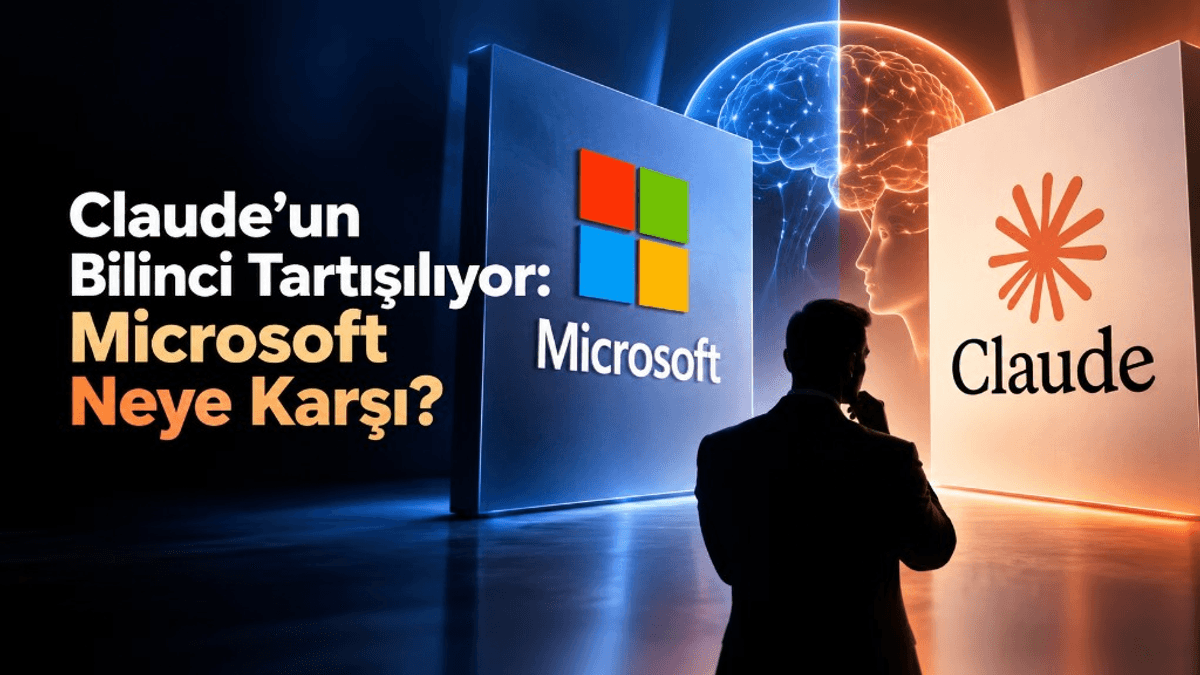 Microsoft ve Claude logoları arasında duran bir kişi; Claude’un bilinci tartışmasında Microsoft’un itirazı