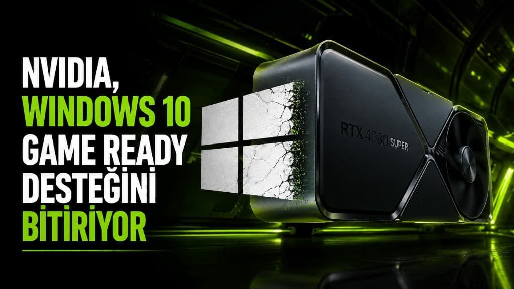 NVIDIA GeForce ekran kartı ve Windows 10 logosuyla Game Ready Driver desteğinin sona ermesini temsil eden görsel