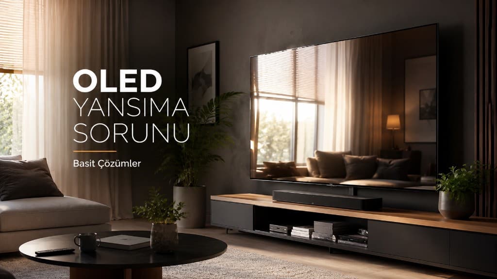 Aydınlık odada pencere ve lamba yansımaları görülen OLED televizyon ekranı