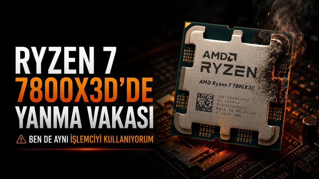Yanık izleri görülen AMD Ryzen 7 7800X3D işlemci ve hasar gören AM5 anakart soketi