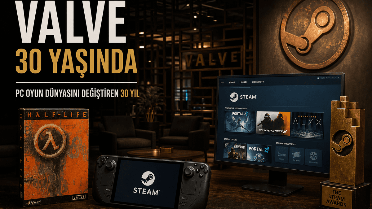Valve’ın Half-Life, Steam ve Steam Deck ile 30 yıllık PC oyun tarihindeki gelişimini temsil eden görsel