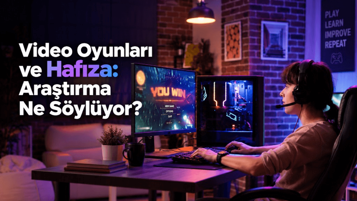 Kulaklıklı oyuncu bilgisayar başında; video oyunları ve hafıza araştırması başlığı