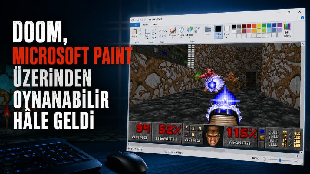 DOOM oyununun DoomPaint projesiyle Microsoft Paint tuvalinde görüntülenmesi