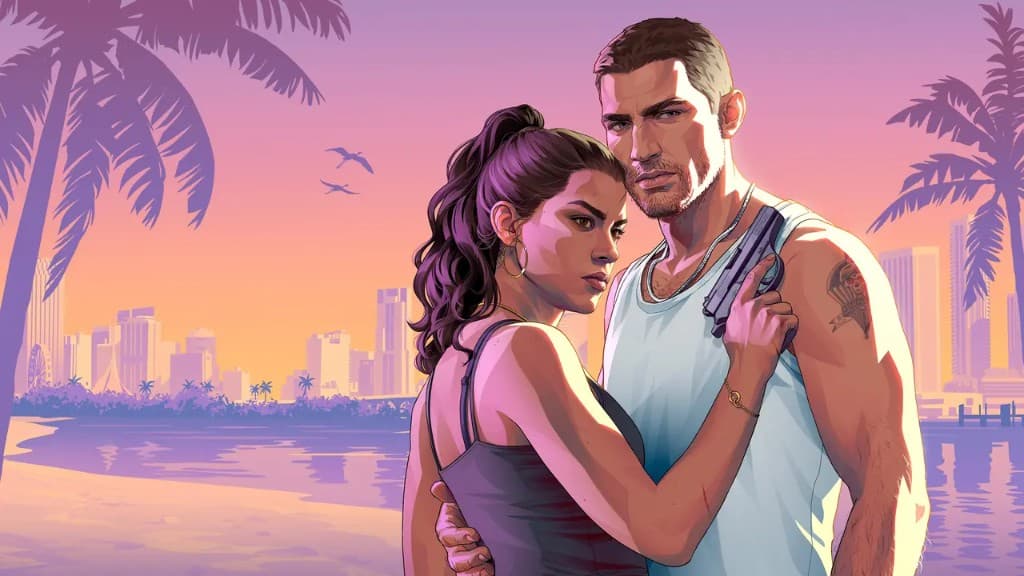GTA 6 resmi sanat çalışması: Lucia ve Jason, Vice City gün batımı önünde